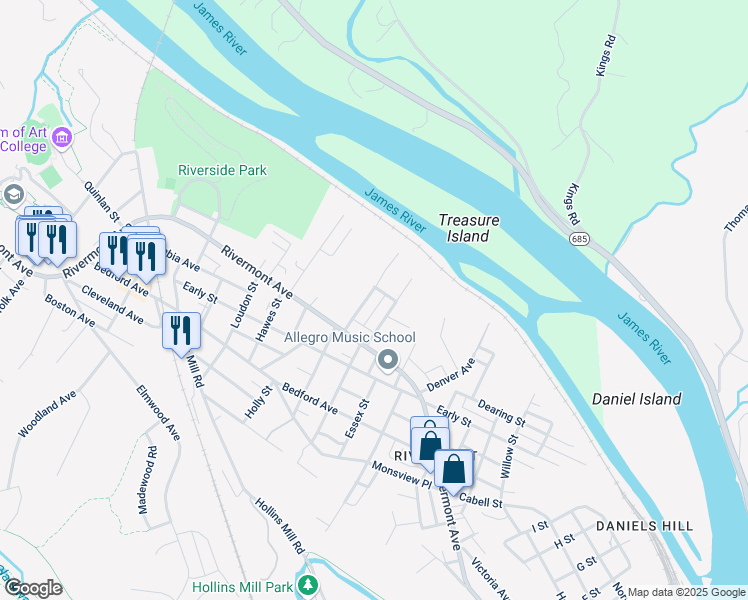 map of restaurants, bars, coffee shops, grocery stores, and more near 108 Fredonia Avenue in Lynchburg