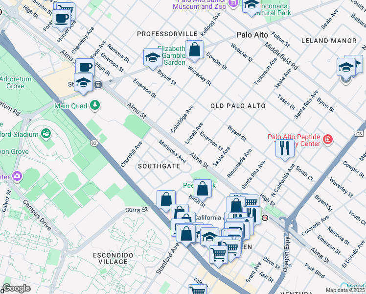 map of restaurants, bars, coffee shops, grocery stores, and more near Alma Street & Lowell Avenue in Palo Alto