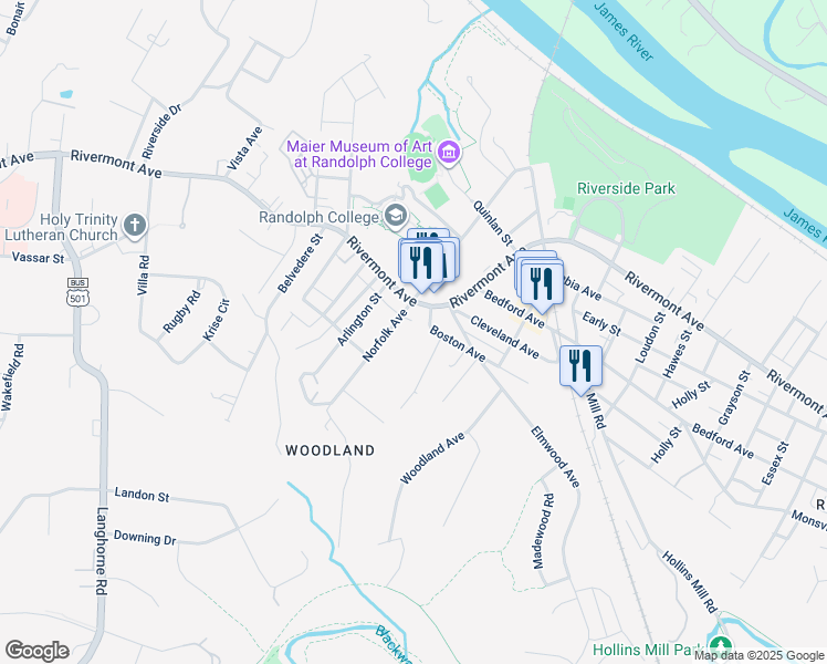 map of restaurants, bars, coffee shops, grocery stores, and more near 213 Memphis Avenue in Lynchburg