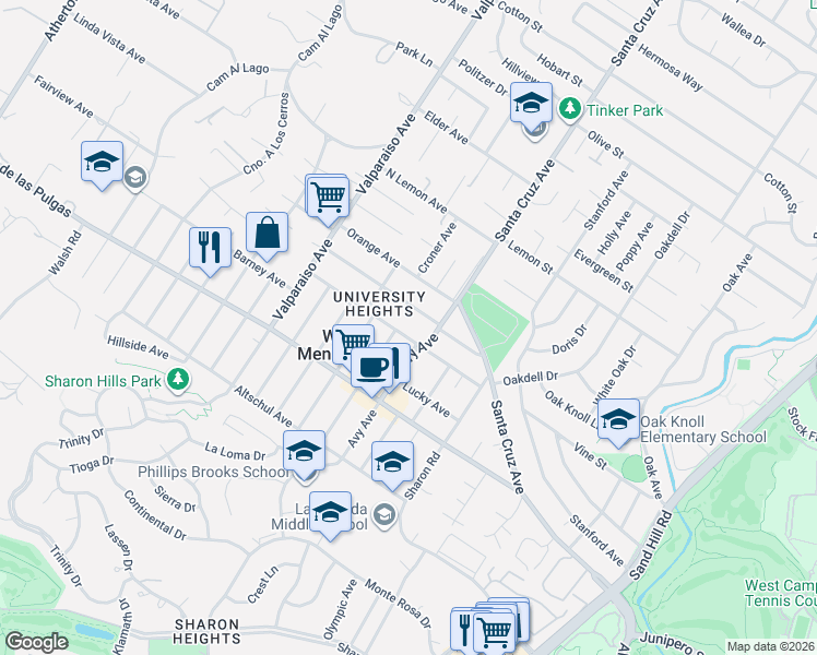 map of restaurants, bars, coffee shops, grocery stores, and more near 1150 Cloud Avenue in Menlo Park