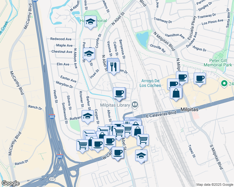 map of restaurants, bars, coffee shops, grocery stores, and more near 62 Twinkle Court in Milpitas