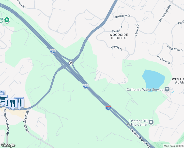 map of restaurants, bars, coffee shops, grocery stores, and more near 585 Moore Road in Woodside