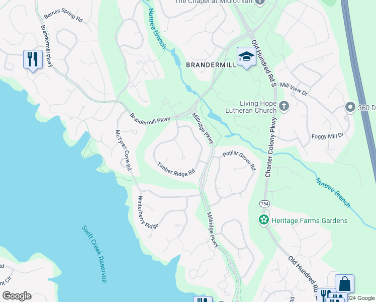 map of restaurants, bars, coffee shops, grocery stores, and more near 3907 Timber Ridge Place in Midlothian