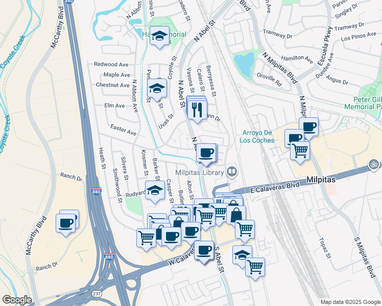 map of restaurants, bars, coffee shops, grocery stores, and more near 523 Penitencia Street in Milpitas