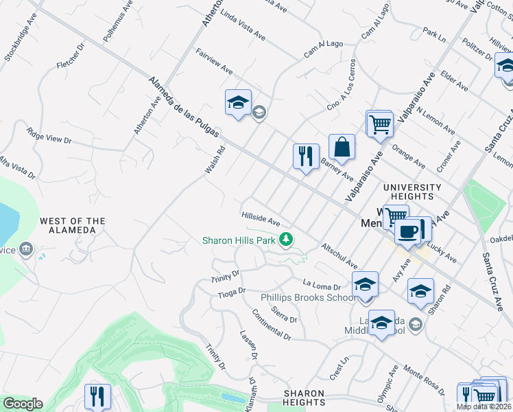 map of restaurants, bars, coffee shops, grocery stores, and more near 1805 Altschul Avenue in Menlo Park
