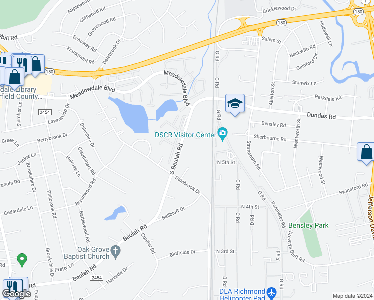 map of restaurants, bars, coffee shops, grocery stores, and more near 6533 South Beulah Road in Richmond