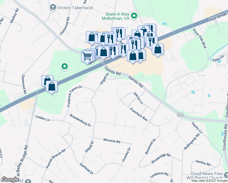 map of restaurants, bars, coffee shops, grocery stores, and more near 11025 Poachers Run in Chesterfield