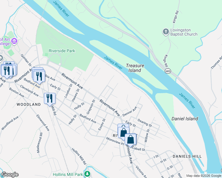 map of restaurants, bars, coffee shops, grocery stores, and more near 108 Fredonia Avenue in Lynchburg