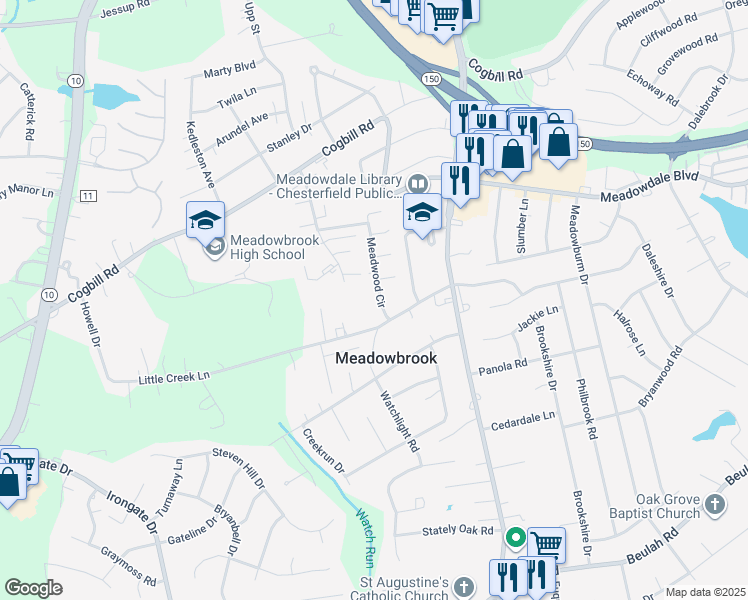 map of restaurants, bars, coffee shops, grocery stores, and more near 6218 Meadwood Cir in Richmond