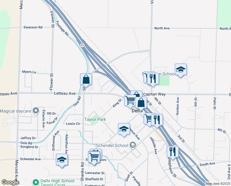 map of restaurants, bars, coffee shops, grocery stores, and more near 16246 Letteau Avenue in Delhi