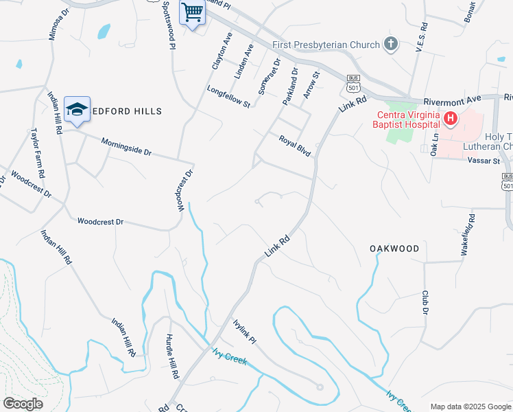 map of restaurants, bars, coffee shops, grocery stores, and more near 3530 Otterview Place in Lynchburg