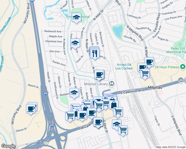 map of restaurants, bars, coffee shops, grocery stores, and more near 455 North Abel Street in Milpitas