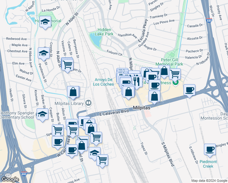 map of restaurants, bars, coffee shops, grocery stores, and more near 162 Millwater Court in Milpitas