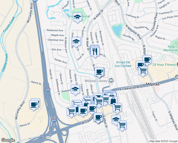 map of restaurants, bars, coffee shops, grocery stores, and more near 523 Penitencia Street in Milpitas
