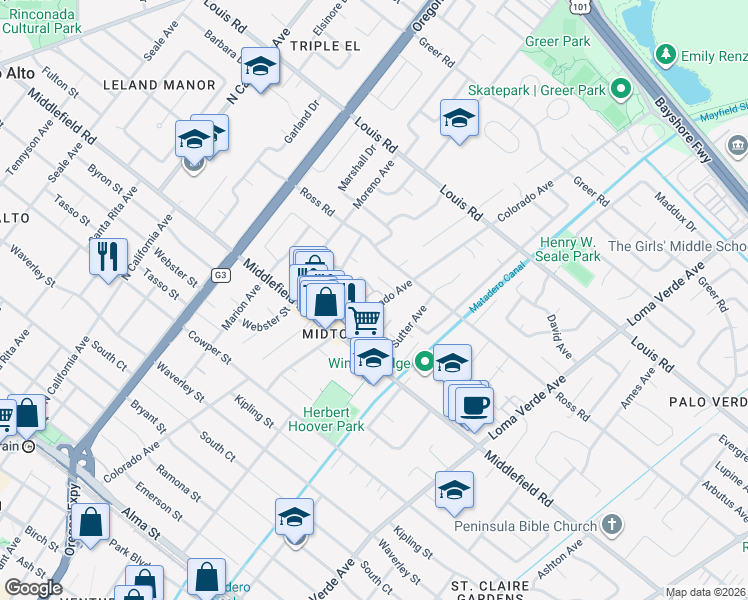map of restaurants, bars, coffee shops, grocery stores, and more near 743 Colorado Avenue in Palo Alto