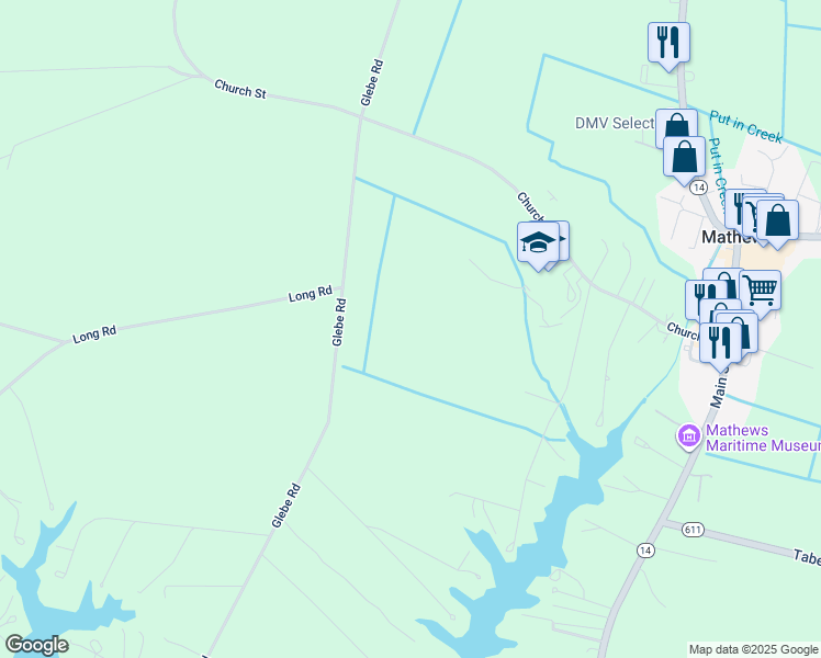 map of restaurants, bars, coffee shops, grocery stores, and more near 1305 Glebe Road in Mathews