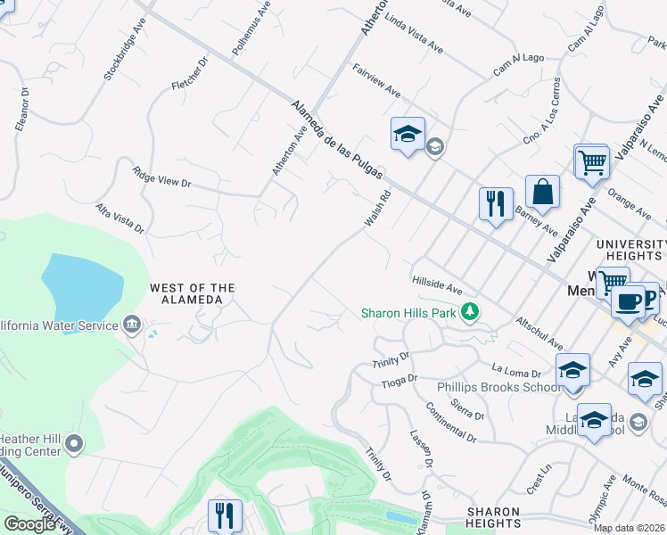 map of restaurants, bars, coffee shops, grocery stores, and more near 345 Walsh Road in Atherton
