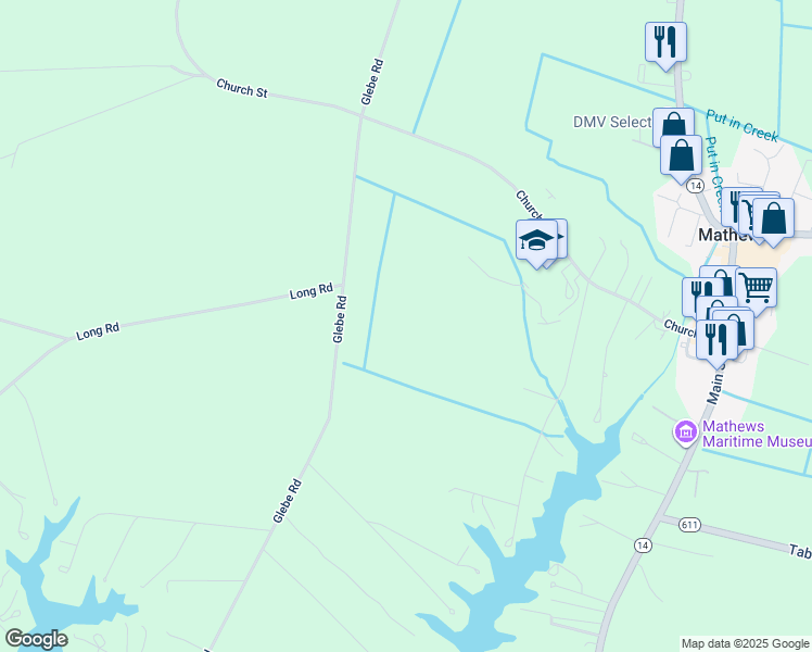 map of restaurants, bars, coffee shops, grocery stores, and more near 1305 Glebe Road in Mathews