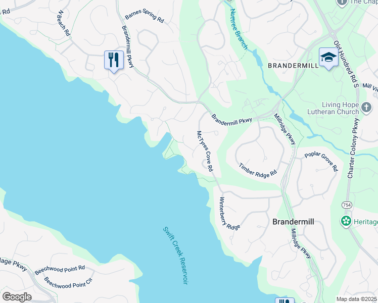 map of restaurants, bars, coffee shops, grocery stores, and more near 3918 McTyres Cove Court in Midlothian