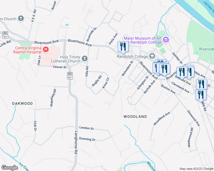 map of restaurants, bars, coffee shops, grocery stores, and more near 1260 Krise Circle in Lynchburg