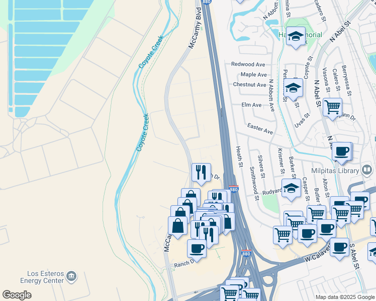 map of restaurants, bars, coffee shops, grocery stores, and more near North McCarthy Boulevard in Milpitas