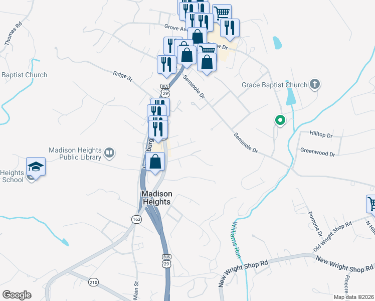 map of restaurants, bars, coffee shops, grocery stores, and more near 129 Wells Road in Madison Heights