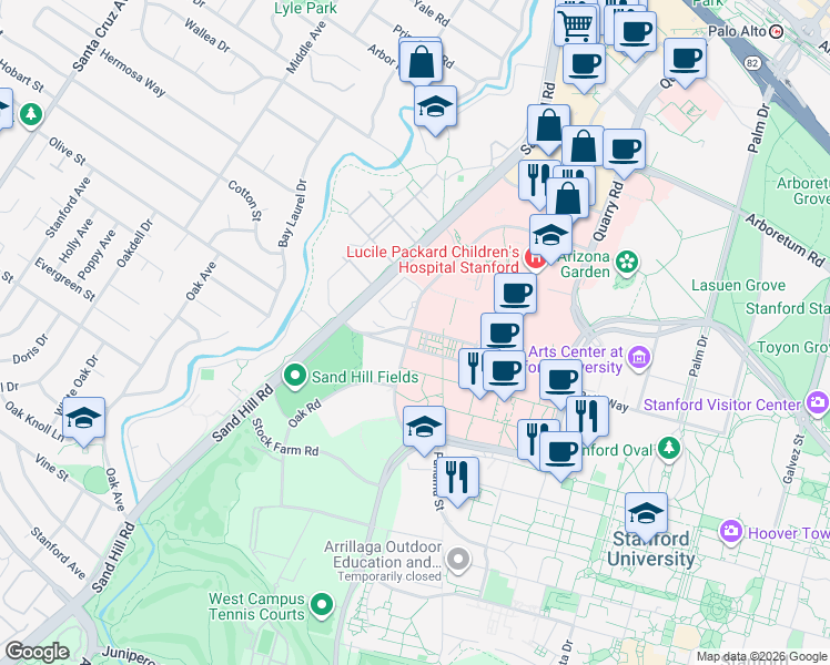 map of restaurants, bars, coffee shops, grocery stores, and more near 300 Pasteur Drive in Stanford