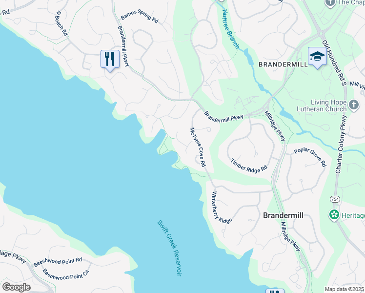 map of restaurants, bars, coffee shops, grocery stores, and more near 3918 McTyres Cove Court in Midlothian