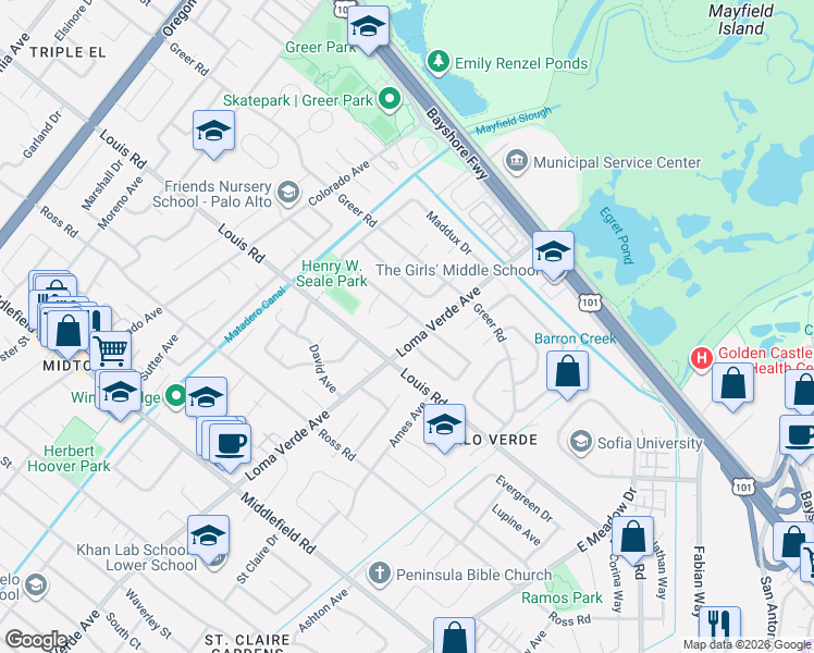 map of restaurants, bars, coffee shops, grocery stores, and more near 3256 Clifton Court in Palo Alto