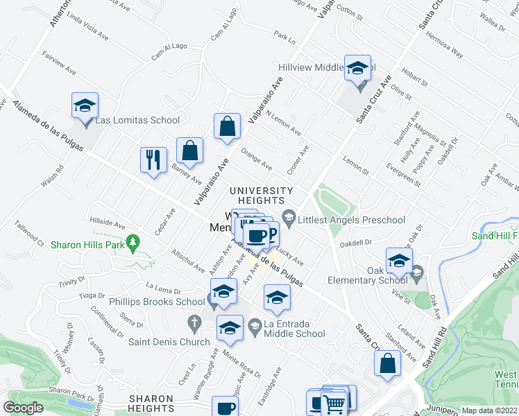 map of restaurants, bars, coffee shops, grocery stores, and more near 2001 Ashton Avenue in Menlo Park