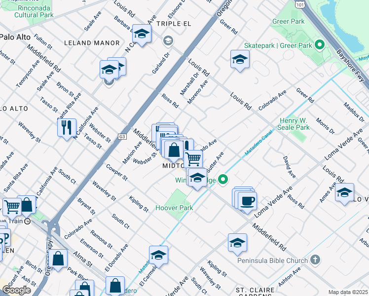 map of restaurants, bars, coffee shops, grocery stores, and more near 2721 Midtown Court in Palo Alto