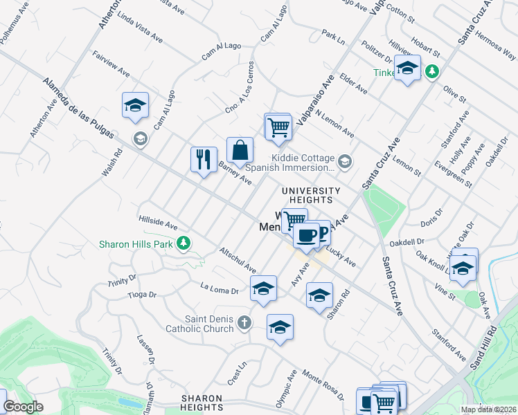 map of restaurants, bars, coffee shops, grocery stores, and more near 2066 Sterling Avenue in Menlo Park