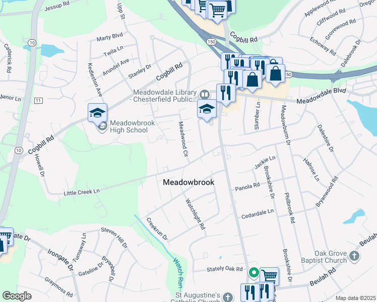 map of restaurants, bars, coffee shops, grocery stores, and more near 6218 Meadwood Circle in Richmond