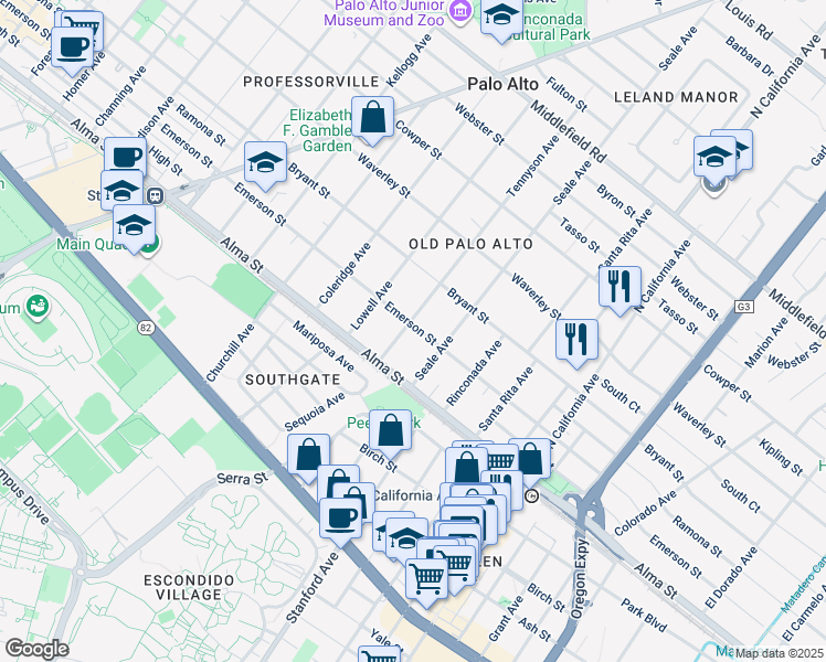 map of restaurants, bars, coffee shops, grocery stores, and more near 184 Tennyson Avenue in Palo Alto