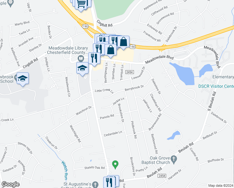 map of restaurants, bars, coffee shops, grocery stores, and more near 4125 Berrybrook Drive in Richmond