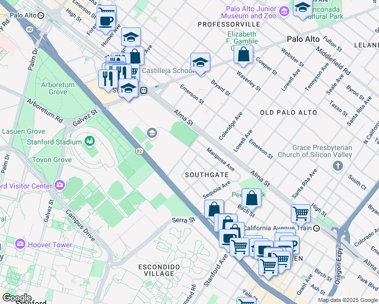 map of restaurants, bars, coffee shops, grocery stores, and more near 54 Churchill Avenue in Palo Alto