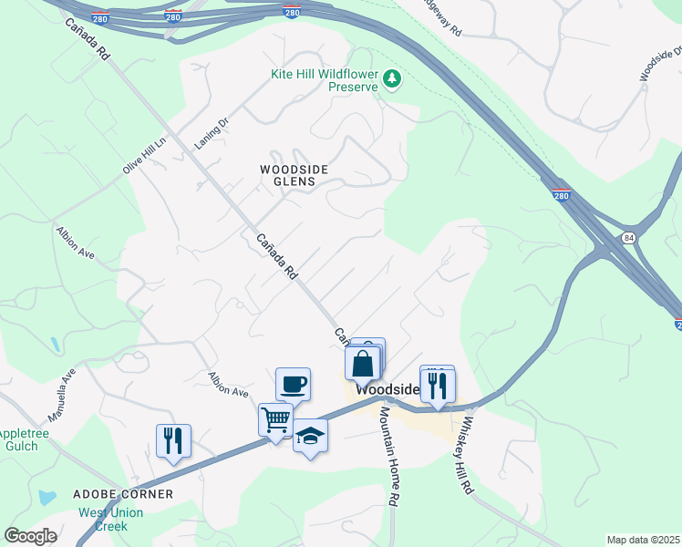 map of restaurants, bars, coffee shops, grocery stores, and more near 1367 Cañada Road in Woodside