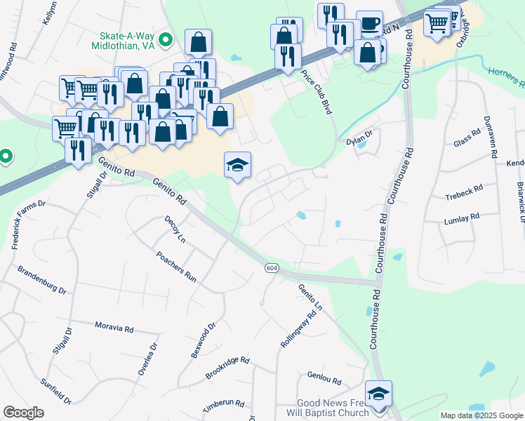 map of restaurants, bars, coffee shops, grocery stores, and more near 4109 Mallard Landing Circle in Midlothian