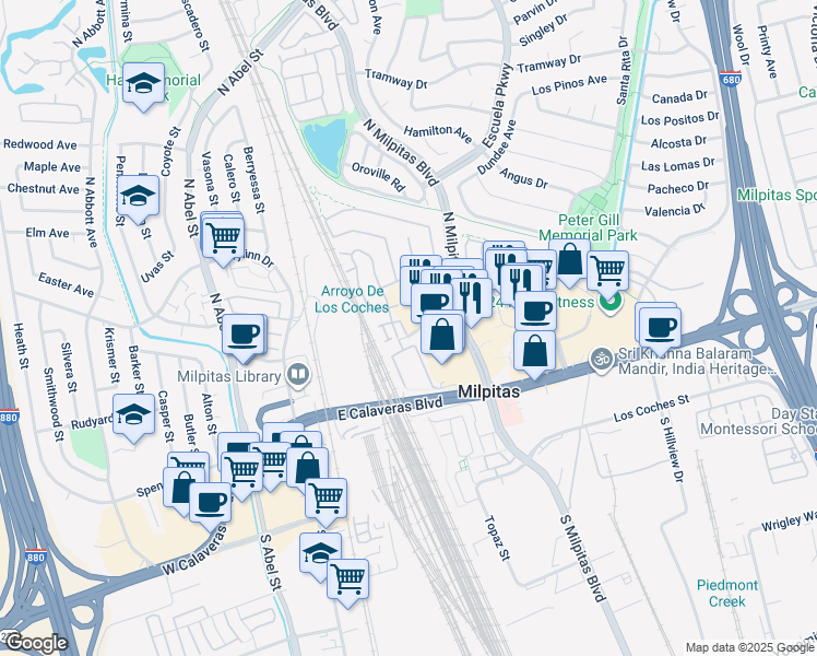 map of restaurants, bars, coffee shops, grocery stores, and more near 158 Sagemeadow Court in Milpitas