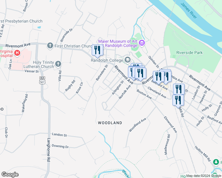 map of restaurants, bars, coffee shops, grocery stores, and more near 2626 Dulaney Avenue in Lynchburg