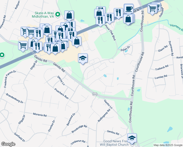 map of restaurants, bars, coffee shops, grocery stores, and more near 4123 Mallard Landing Circle in Midlothian