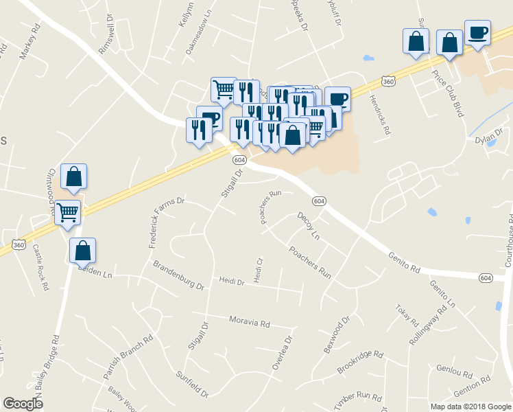 map of restaurants, bars, coffee shops, grocery stores, and more near 11031 Poachers Run in Chesterfield