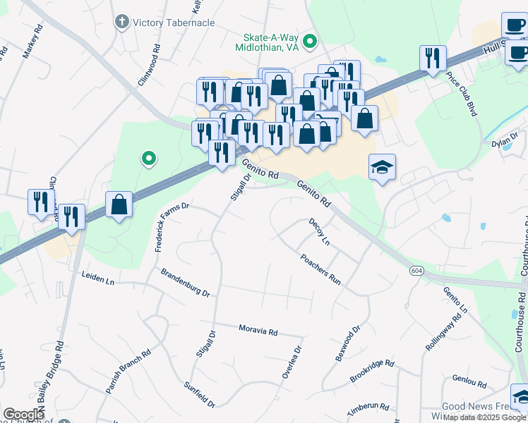 map of restaurants, bars, coffee shops, grocery stores, and more near 11031 Poachers Run in Chesterfield