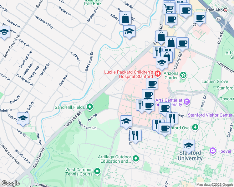 map of restaurants, bars, coffee shops, grocery stores, and more near 300 Pasteur Drive in Palo Alto