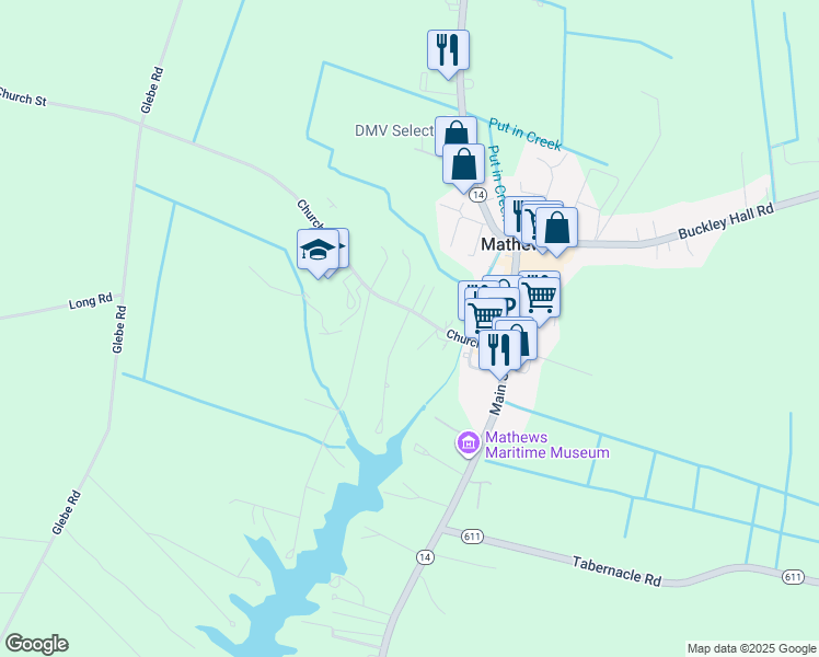 map of restaurants, bars, coffee shops, grocery stores, and more near 215 Church Street in Mathews