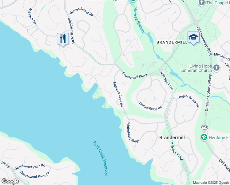 map of restaurants, bars, coffee shops, grocery stores, and more near 13903 McTyres Cove Lane in Midlothian