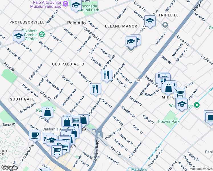 map of restaurants, bars, coffee shops, grocery stores, and more near 453 North California Avenue in Palo Alto