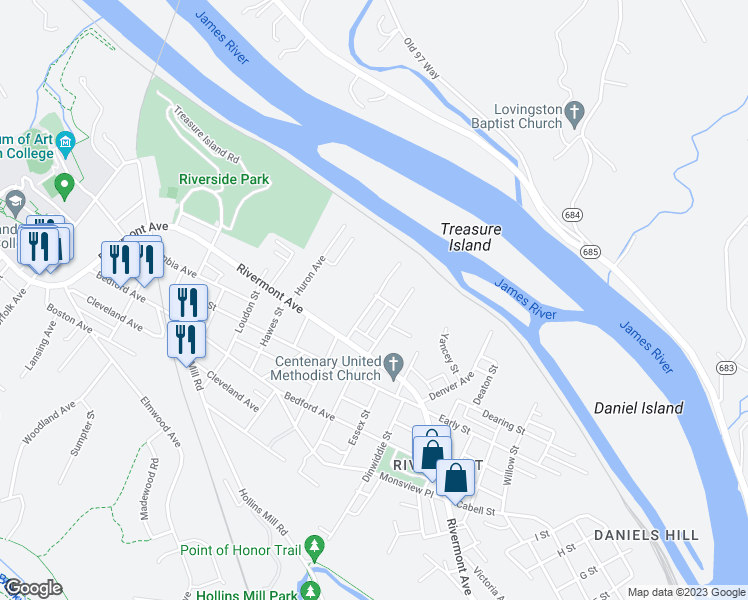 map of restaurants, bars, coffee shops, grocery stores, and more near Fredonia Avenue in Lynchburg
