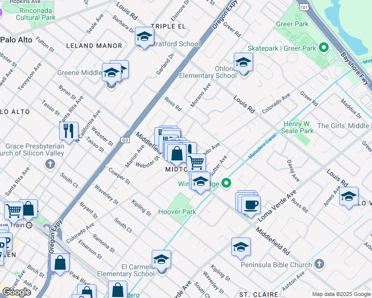 map of restaurants, bars, coffee shops, grocery stores, and more near 2721 Midtown Court in Palo Alto