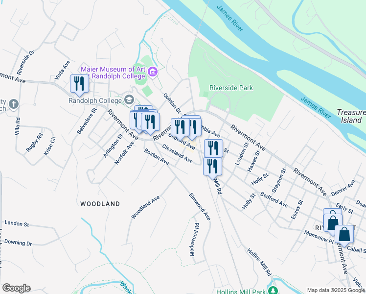map of restaurants, bars, coffee shops, grocery stores, and more near 2307 Bedford Avenue in Lynchburg